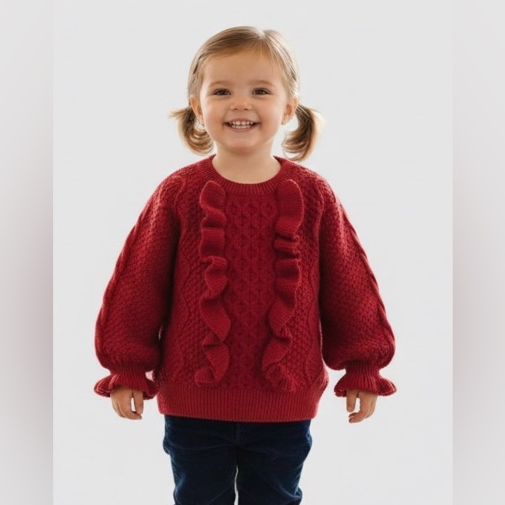 Baby Gap dark red long sleeved knitted 100%cotton sweater,front/wrists ruched 3T